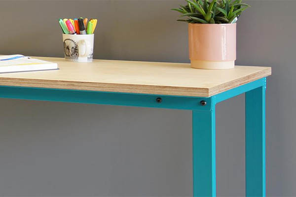 Birch plywood home office desk with blue legs